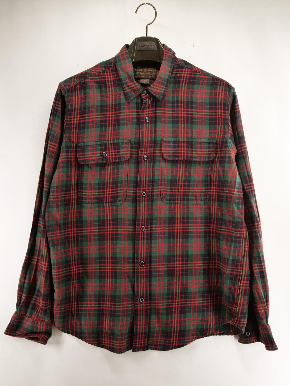 Filson Scout Shirt Mens Medium Stone Tartan Plaid Flannel Green Red Long Sleeve